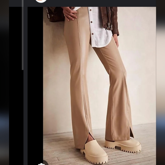 NWT Free People Beige Real Deal Faux Leather Split Hem Pants - Picture 2 of 5